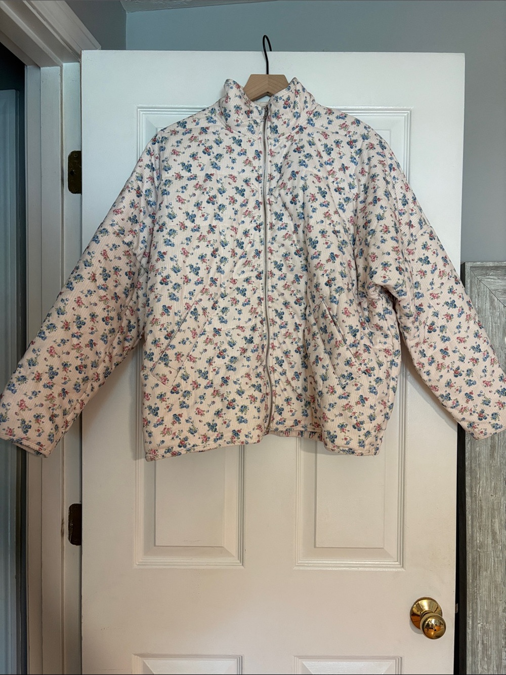 Altar'd State Cream Quilted Bomber Jacket with Blue & Pink Floral Print